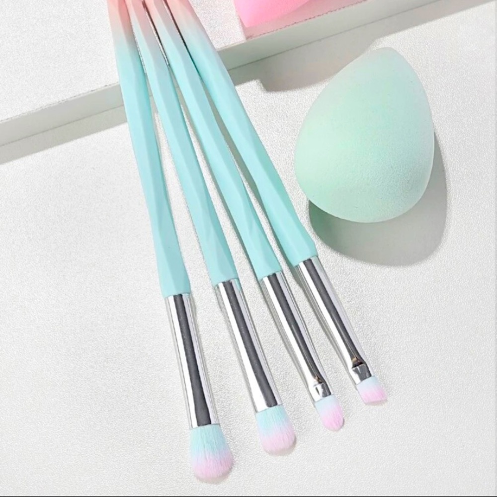 Blue makeup brush set and blender